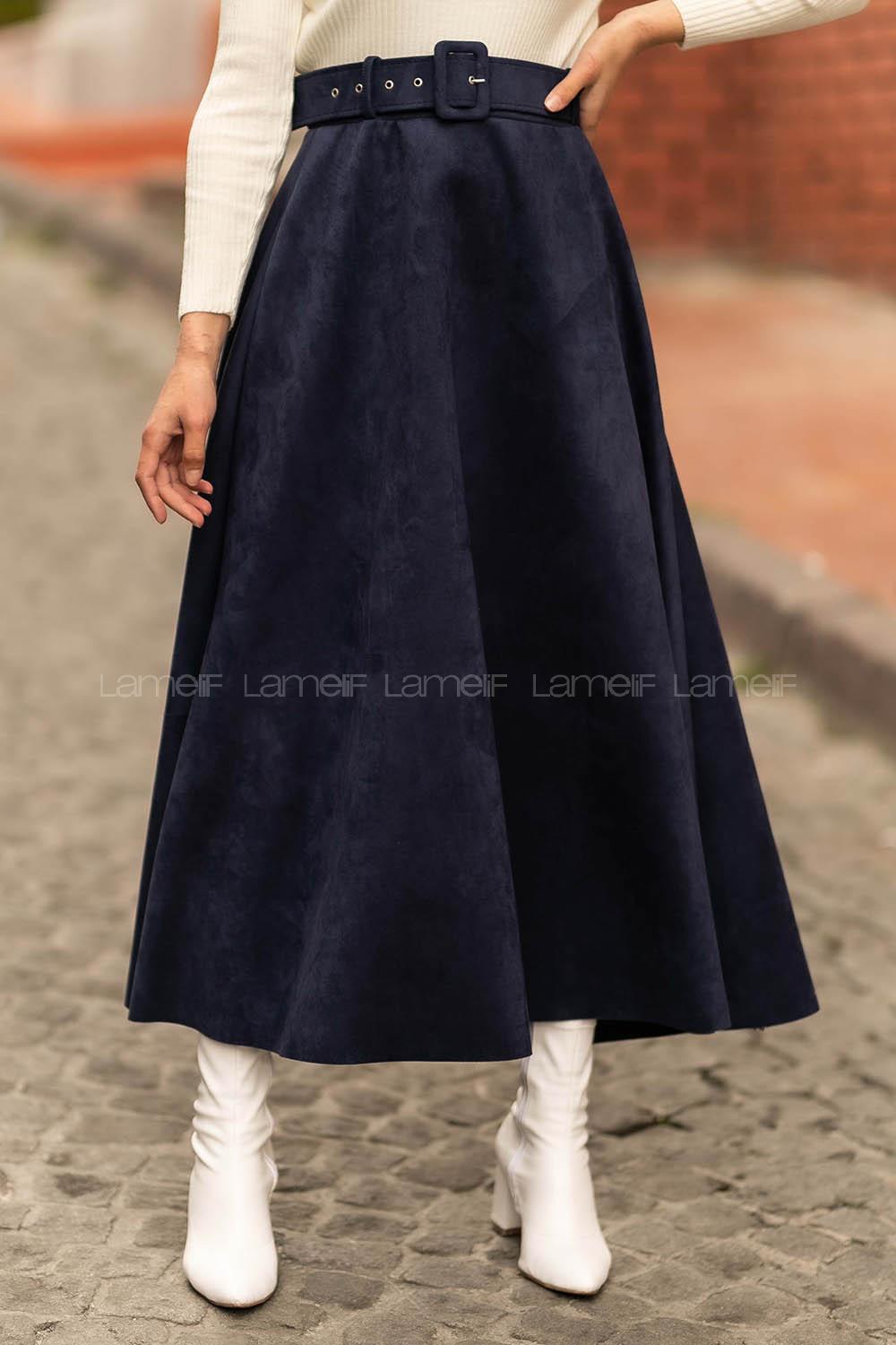 Modalamelif Kemer Detaylı Süet Etek Lacivert