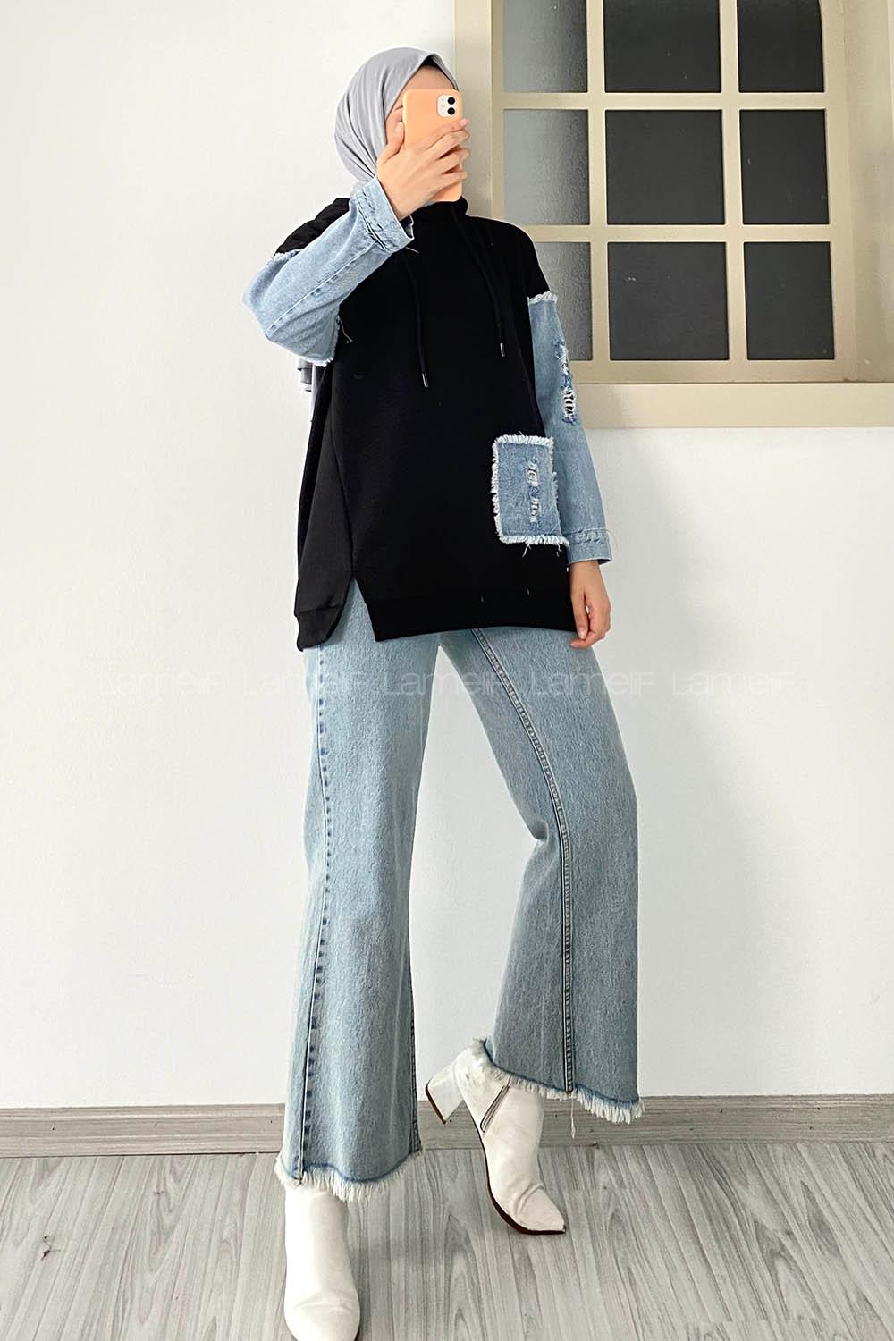 Modalamelif Kol Kot Garnili Sweatshirt Siyah