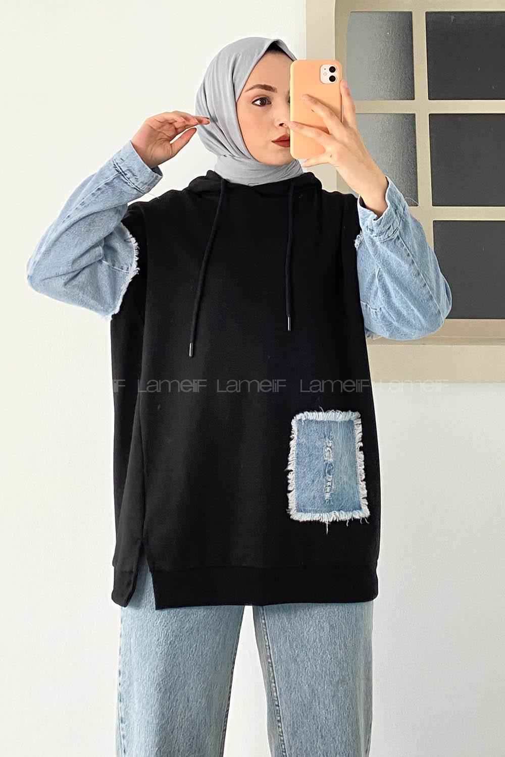 Modalamelif Kol Kot Garnili Sweatshirt Siyah