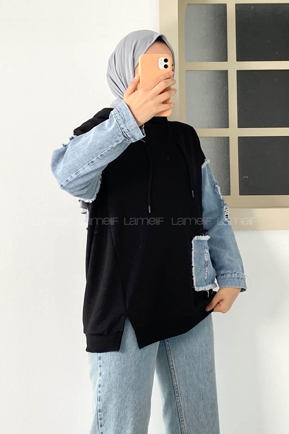 Modalamelif Kol Kot Garnili Sweatshirt Siyah