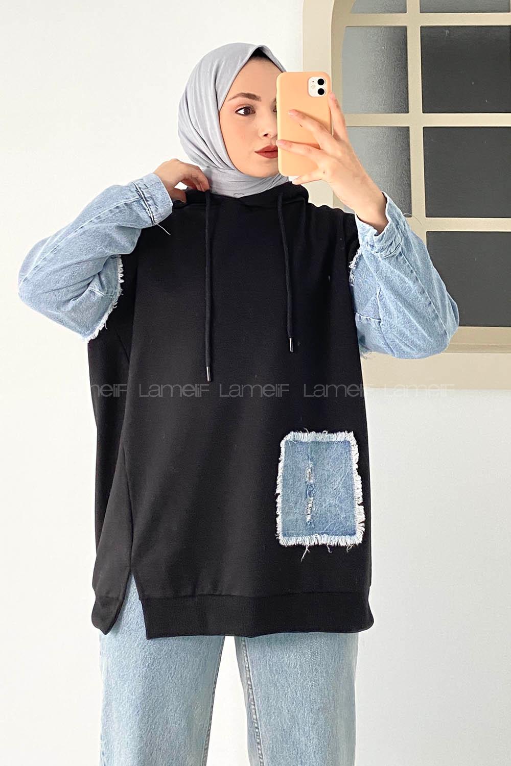 Modalamelif Kol Kot Garnili Sweatshirt Siyah