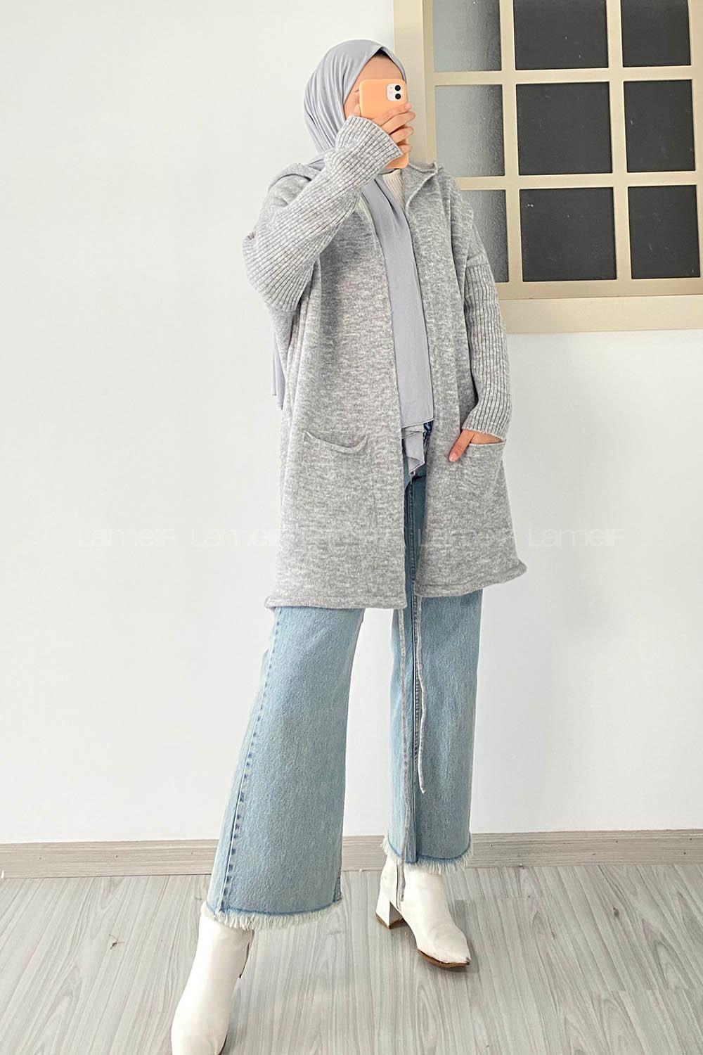 Modalamelif Cep Detaylı Kapüşonlu Triko Hırka Gri