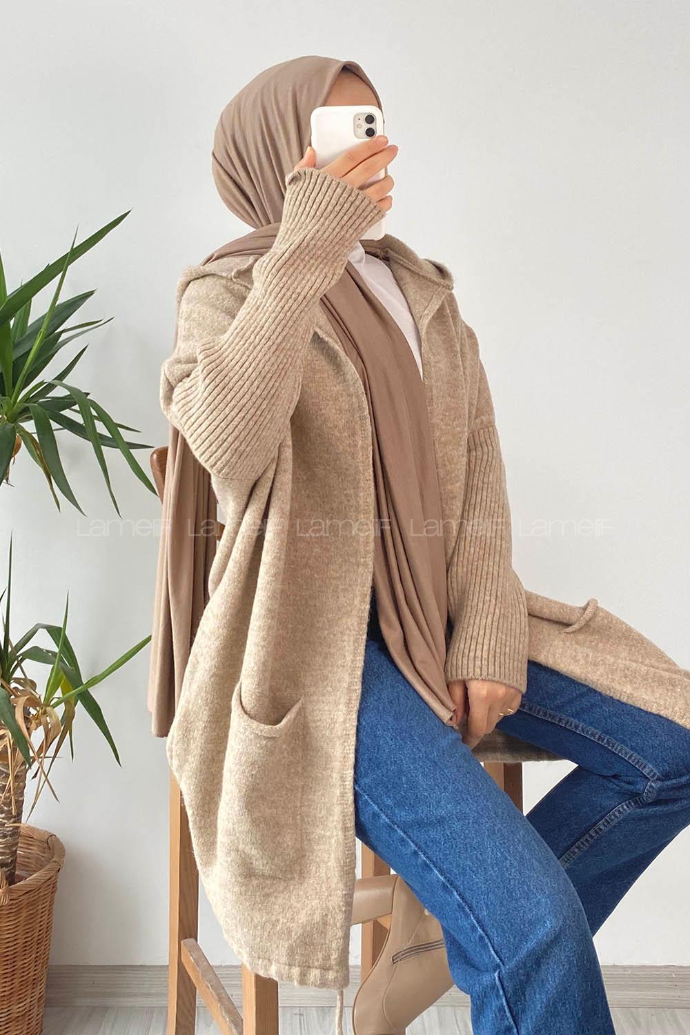 Modalamelif Cep Detaylı Kapüşonlu Triko Hırka Kum Beji