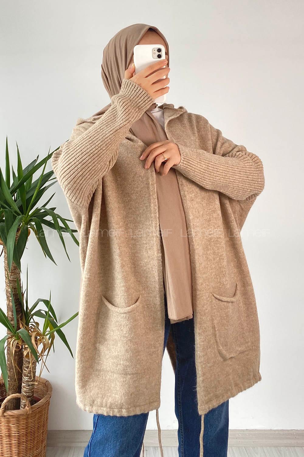 Modalamelif Cep Detaylı Kapüşonlu Triko Hırka Kum Beji