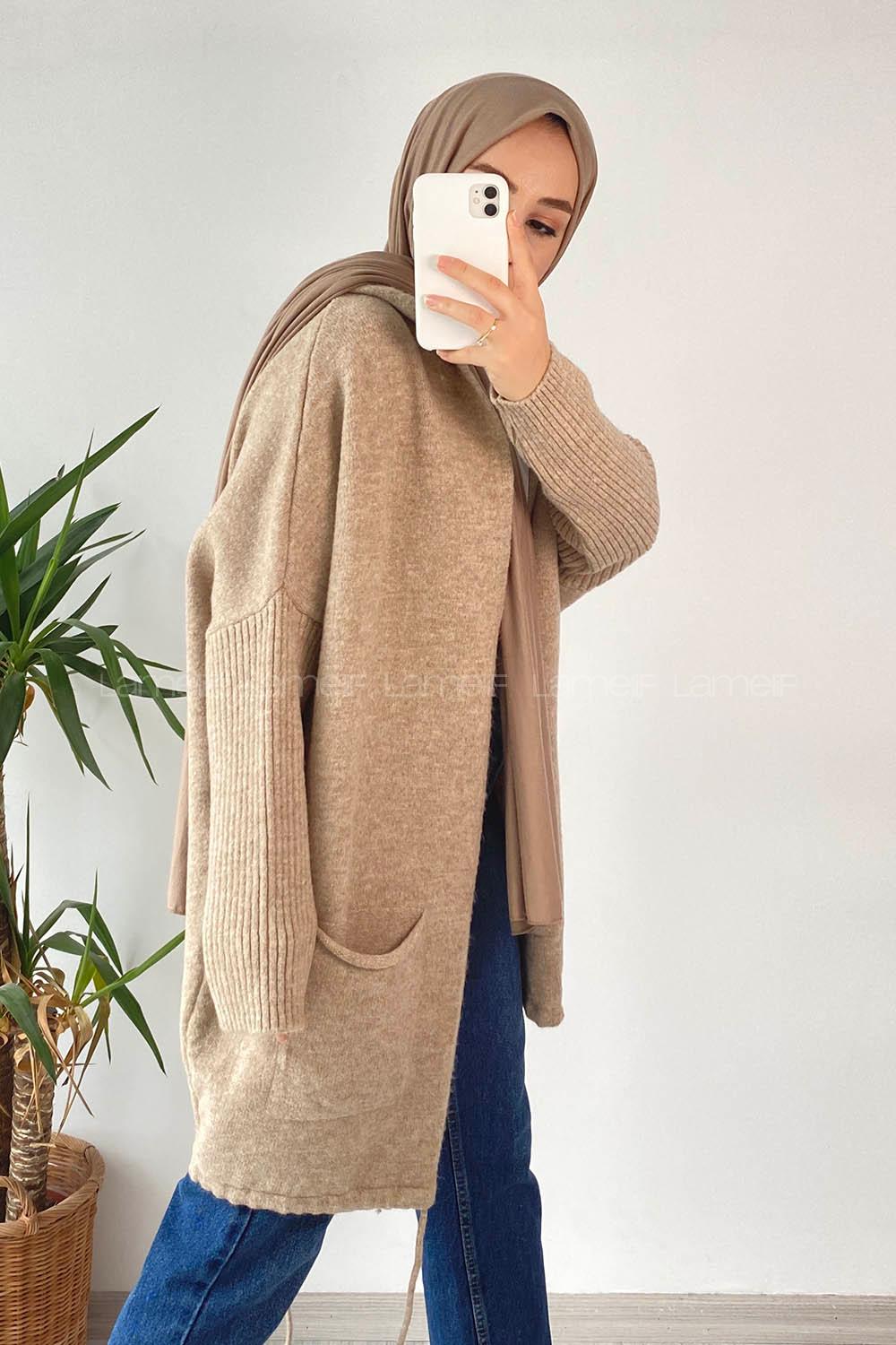 Modalamelif Cep Detaylı Kapüşonlu Triko Hırka Kum Beji