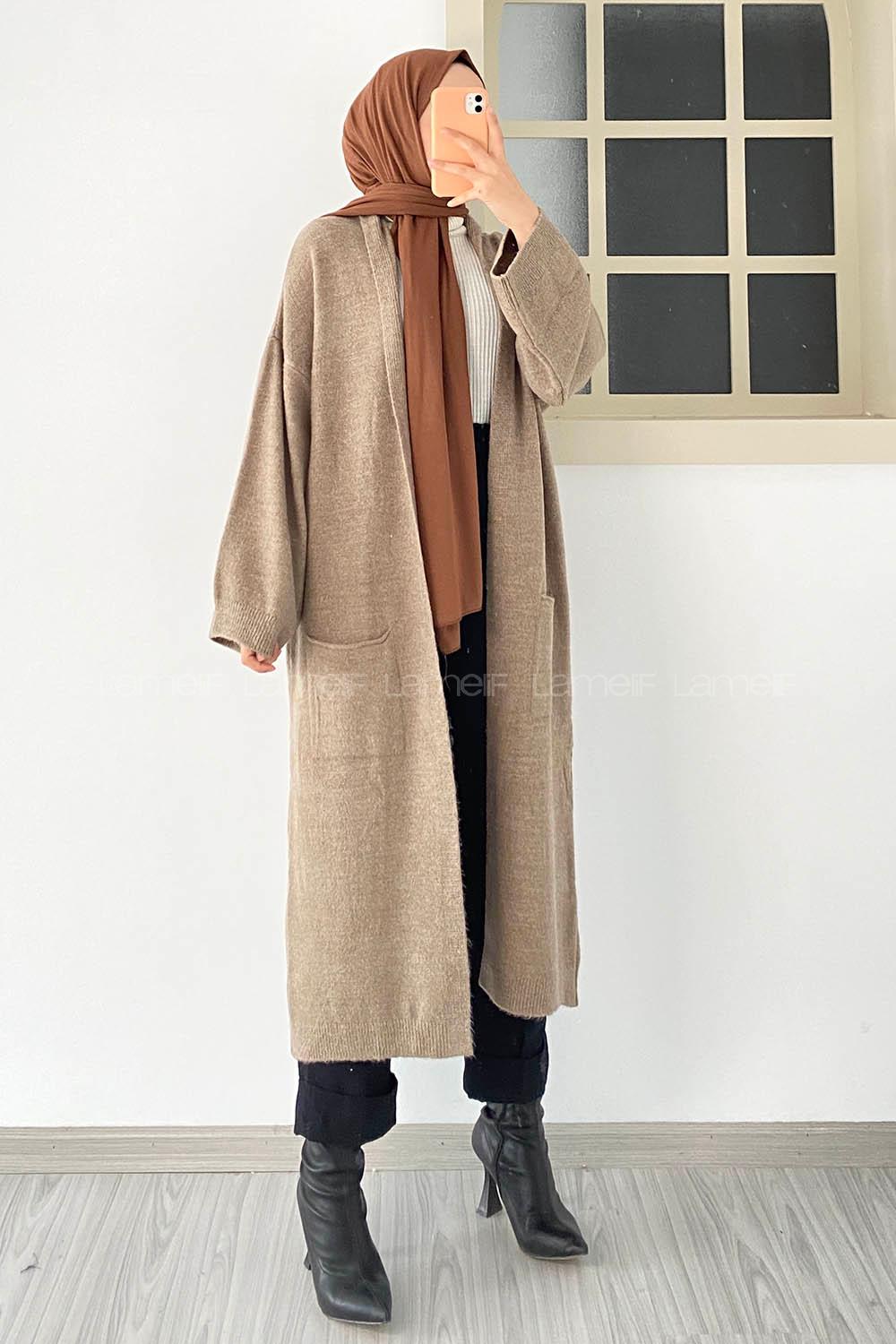 Modalamelif Körük Çift Cep Uzun Triko Hırka Kum Beji