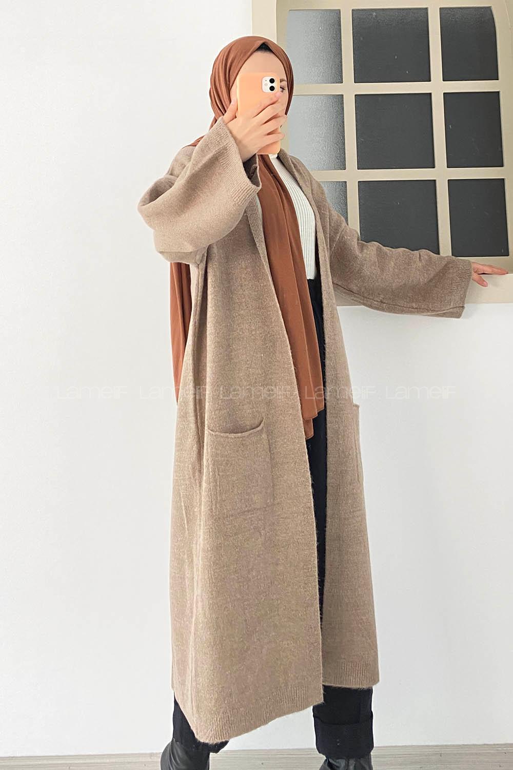 Modalamelif Körük Çift Cep Uzun Triko Hırka Kum Beji