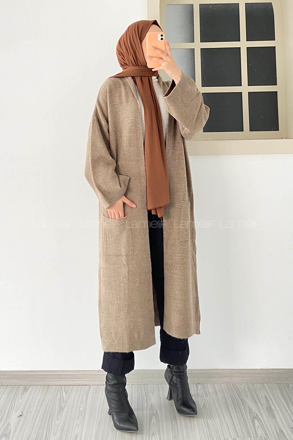 Modalamelif Körük Çift Cep Uzun Triko Hırka Kum Beji