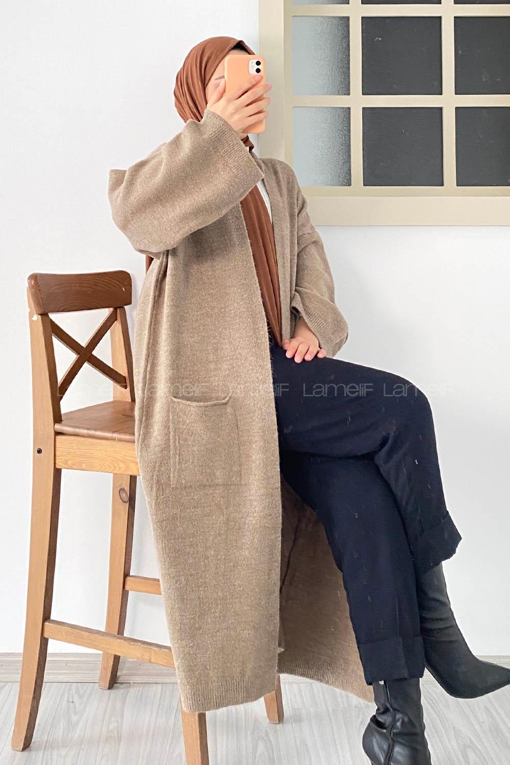 Modalamelif Körük Çift Cep Uzun Triko Hırka Kum Beji