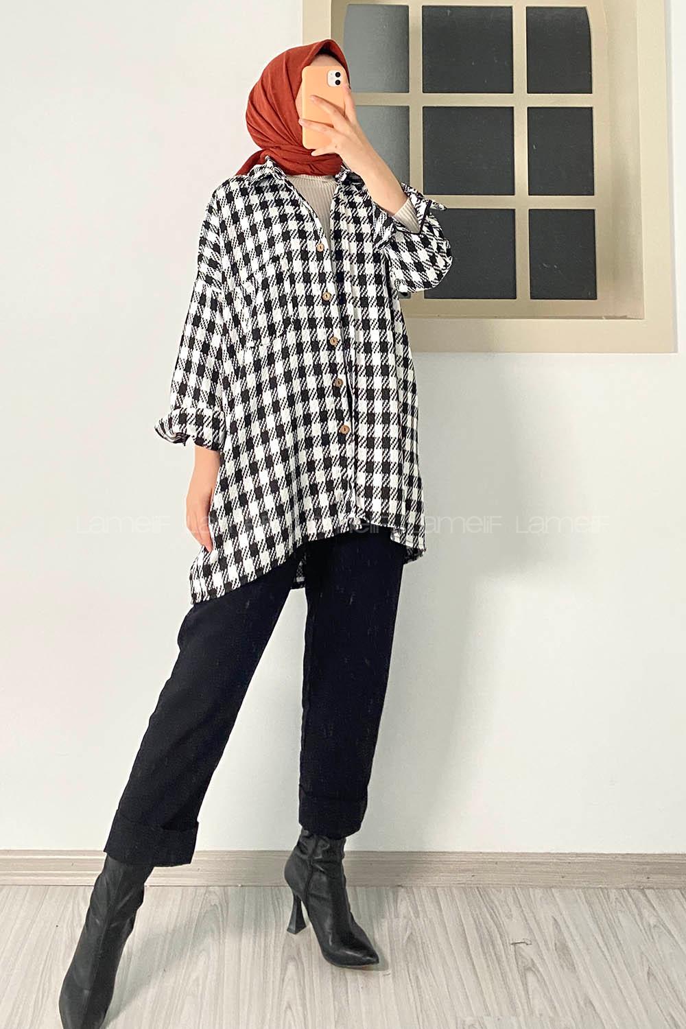 Modalamelif Önü Boydan Düğmeli Tek Cepli Ekose Desenli Tunik Beyaz-Siyah