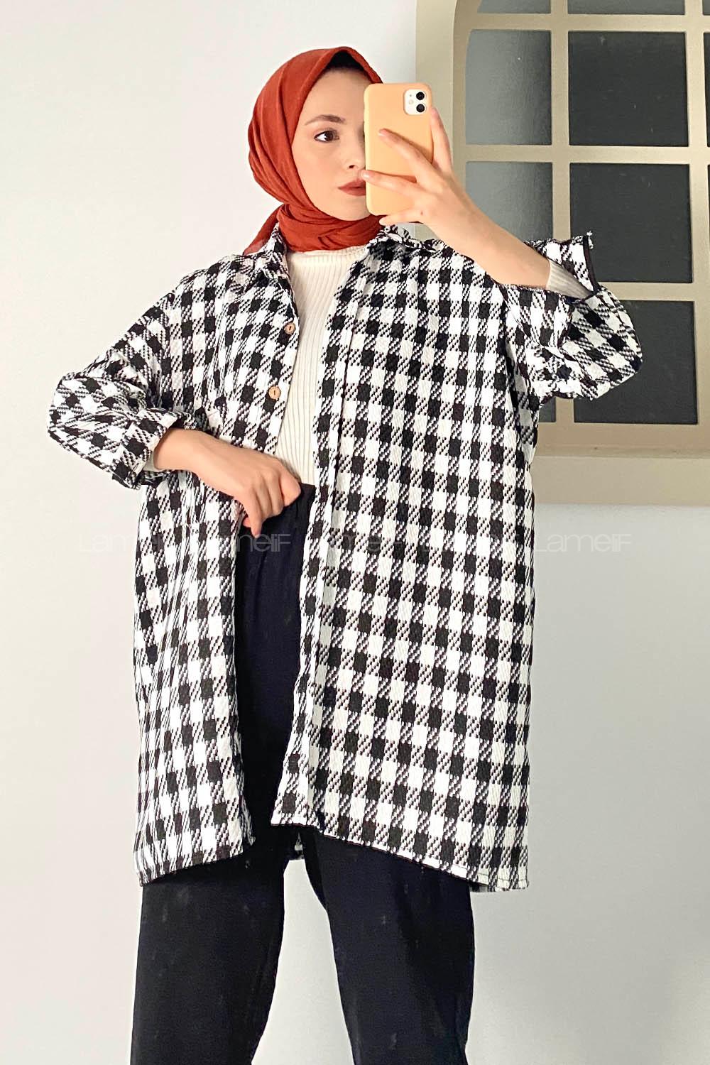 Modalamelif Önü Boydan Düğmeli Tek Cepli Ekose Desenli Tunik Beyaz-Siyah