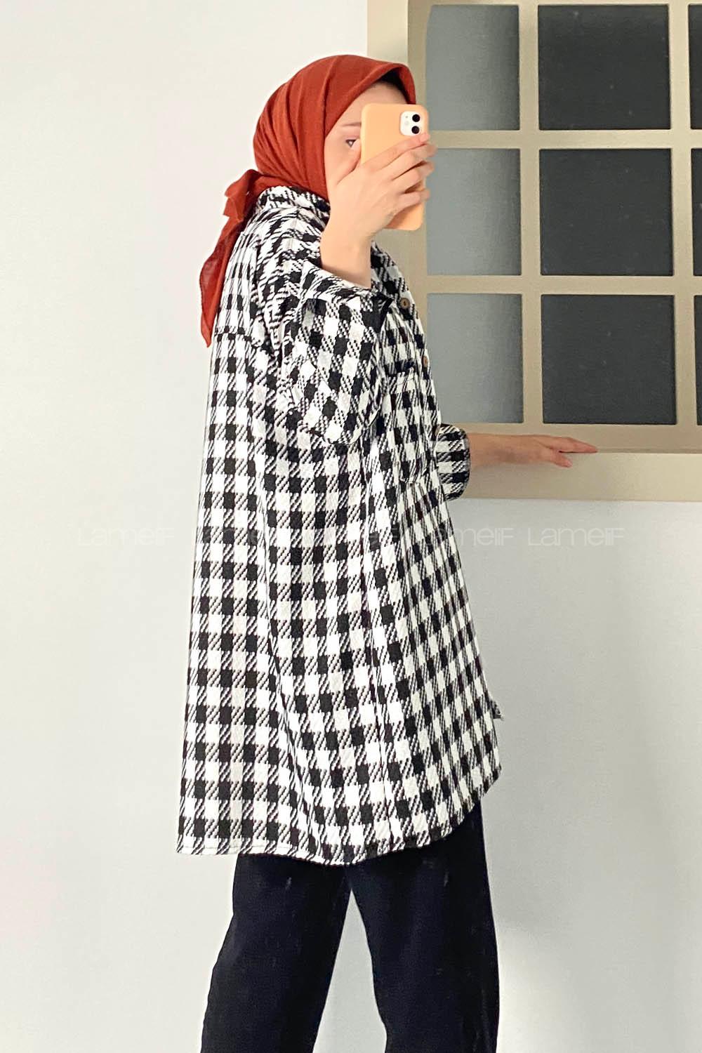 Modalamelif Önü Boydan Düğmeli Tek Cepli Ekose Desenli Tunik Beyaz-Siyah