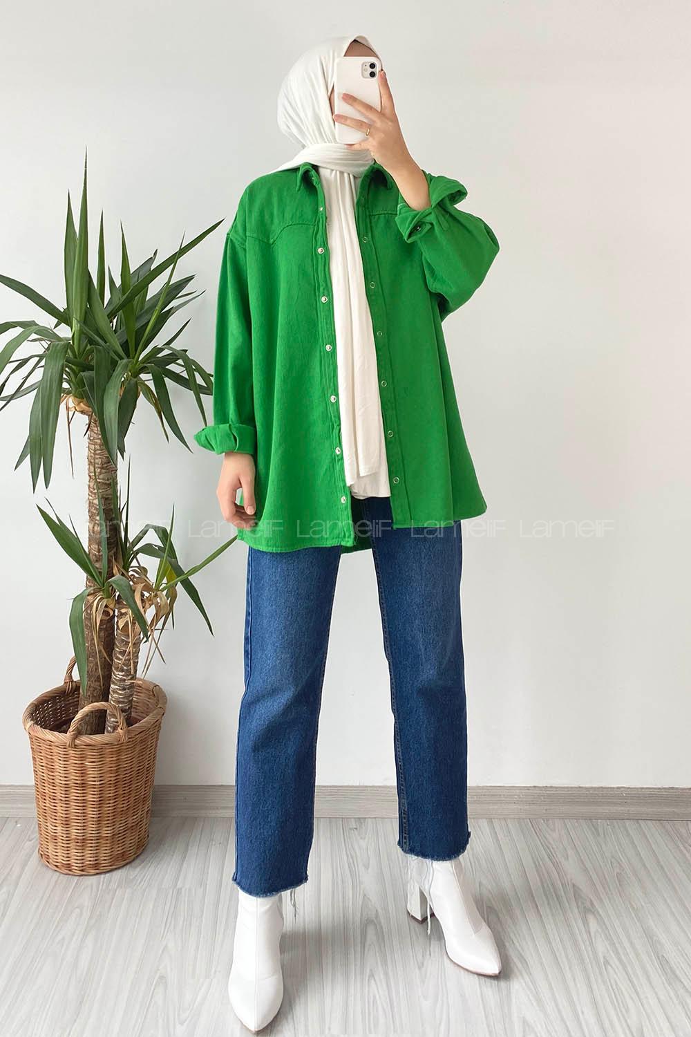 Modalamelif Önü ÇıtÇıt Düğmeli  Gömlek Yeşil