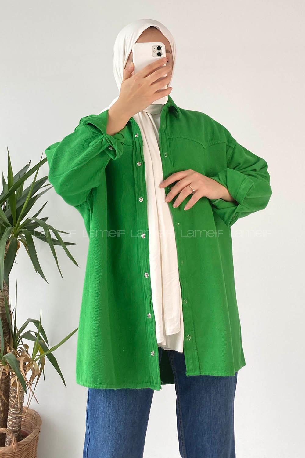 Modalamelif Önü ÇıtÇıt Düğmeli  Gömlek Yeşil