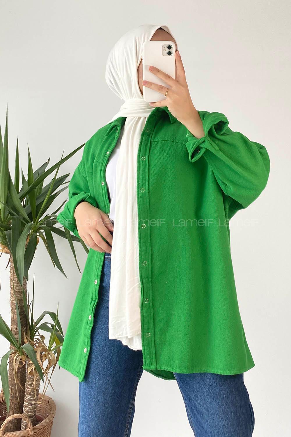 Modalamelif Önü ÇıtÇıt Düğmeli  Gömlek Yeşil