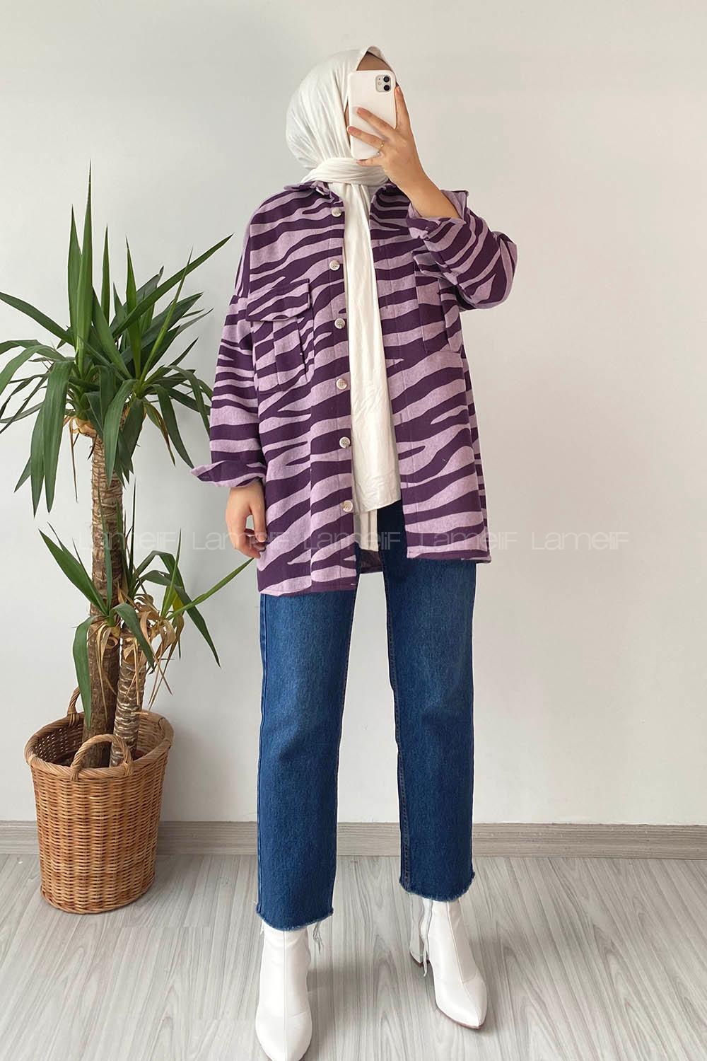 Modalamelif Önü Düğmeli Çift Kapak Cepli Dalga Desenli Gömlek Lila-Mor