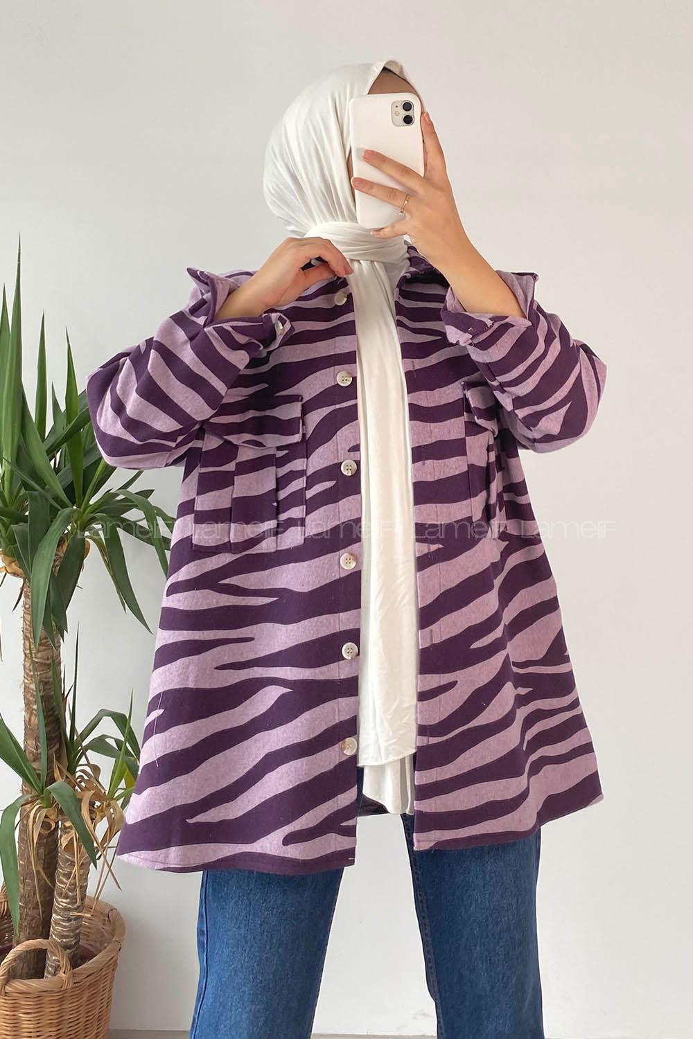 Modalamelif Önü Düğmeli Çift Kapak Cepli Dalga Desenli Gömlek Lila-Mor