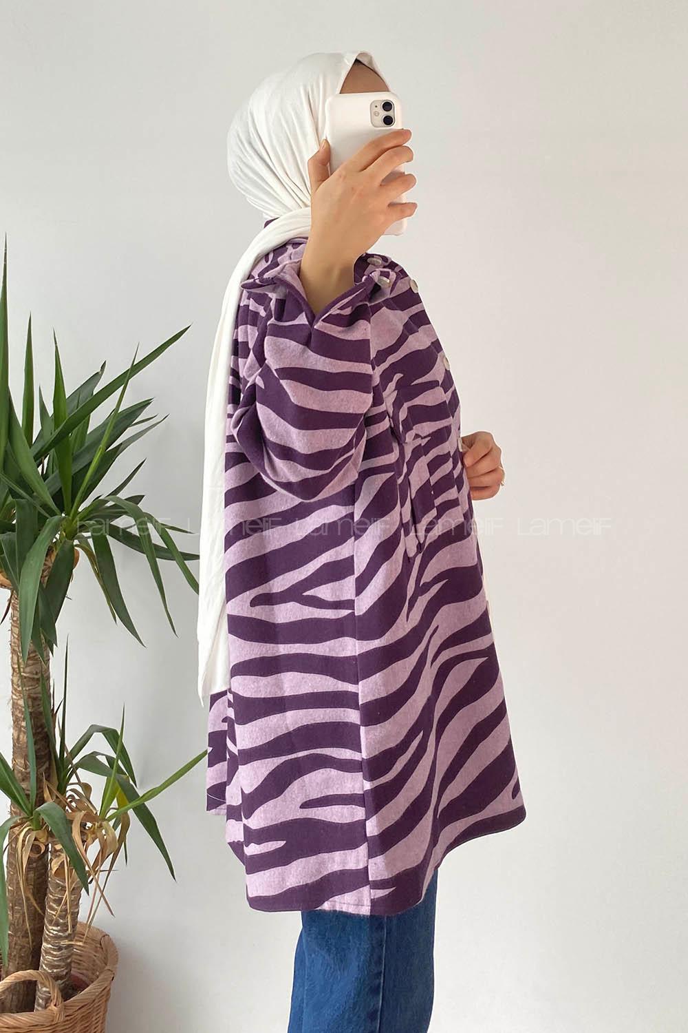 Modalamelif Önü Düğmeli Çift Kapak Cepli Dalga Desenli Gömlek Lila-Mor