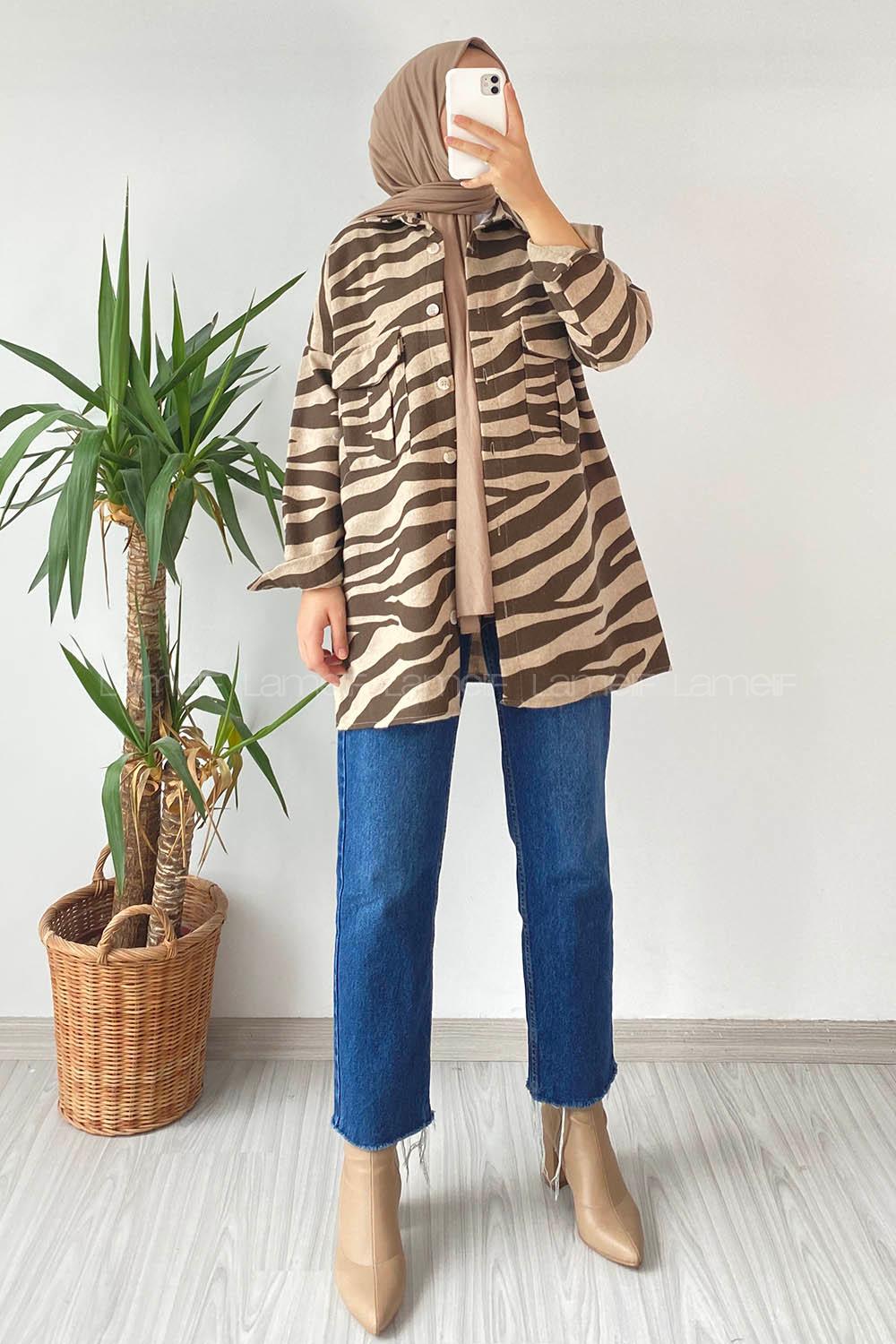 Modalamelif Önü Düğmeli Çift Kapak Cepli Geometrik Desen Gömlek Bej-Kahverengi