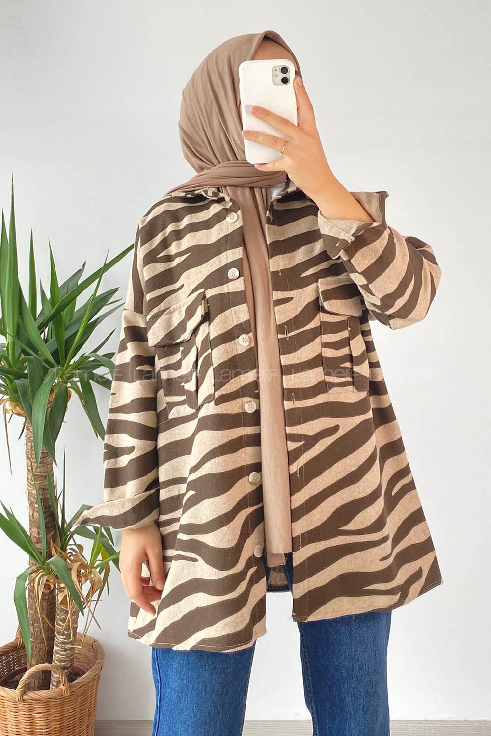 Modalamelif Önü Düğmeli Çift Kapak Cepli Geometrik Desen Gömlek Bej-Kahverengi