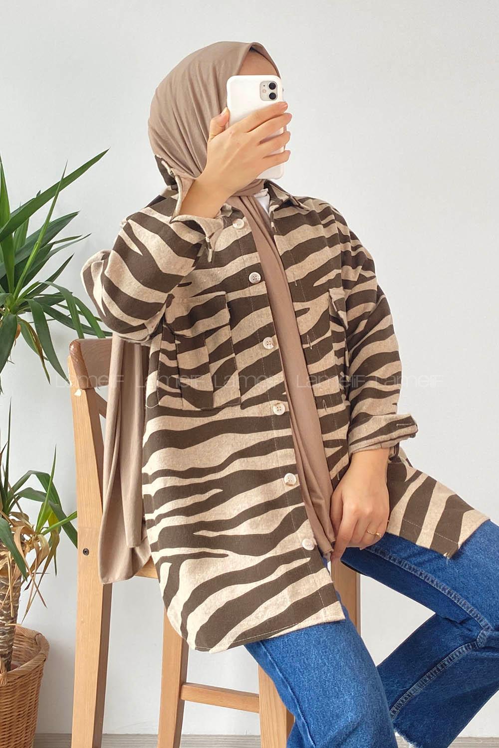 Modalamelif Önü Düğmeli Çift Kapak Cepli Geometrik Desen Gömlek Bej-Kahverengi