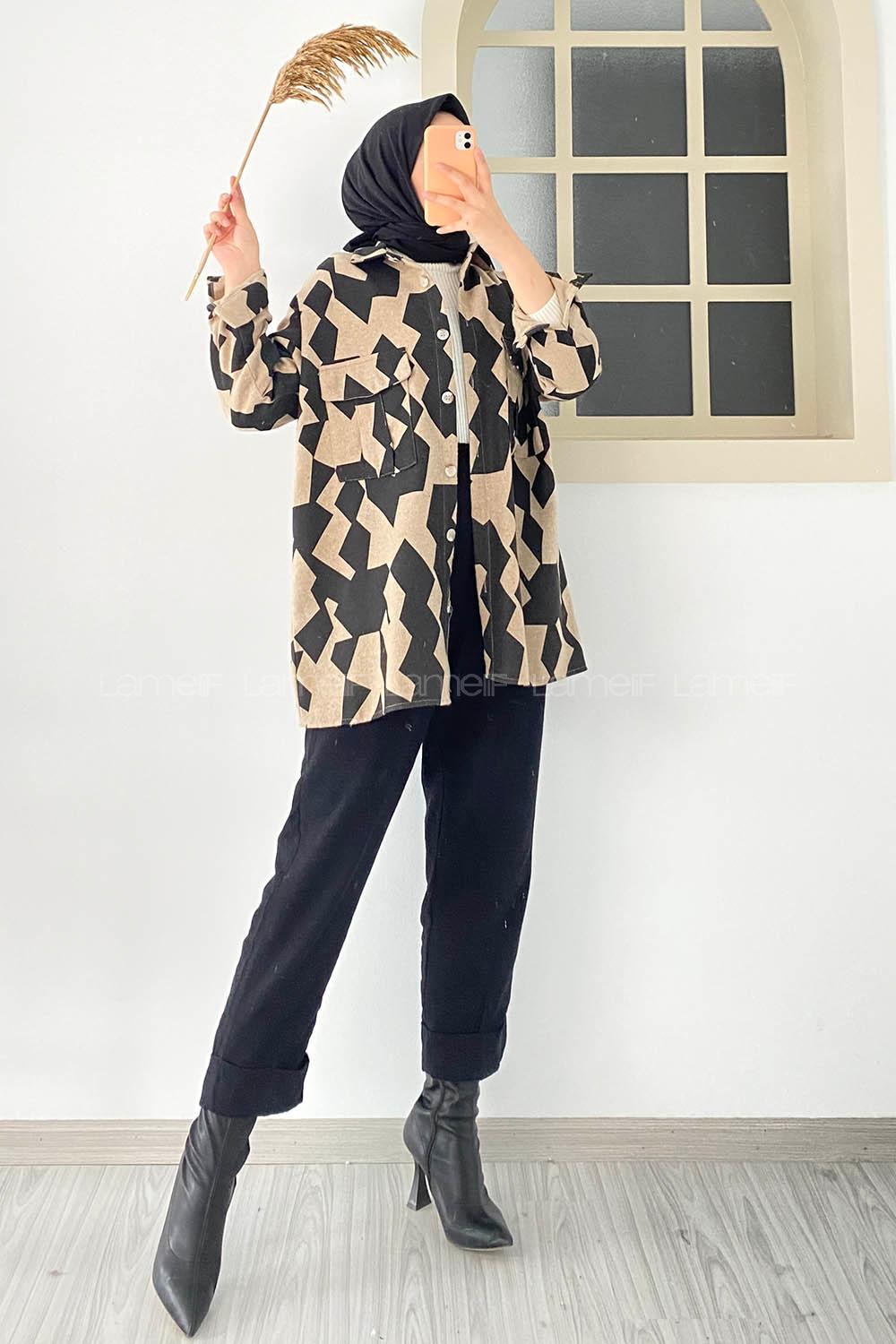 Düğmeli Çift Kapak Cepli Geometrik Desen Gömlek Bej-Siyah