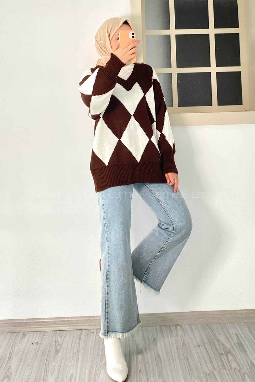 Modalamelif  V Yaka Baklava Desenli Kazak Kahverengi