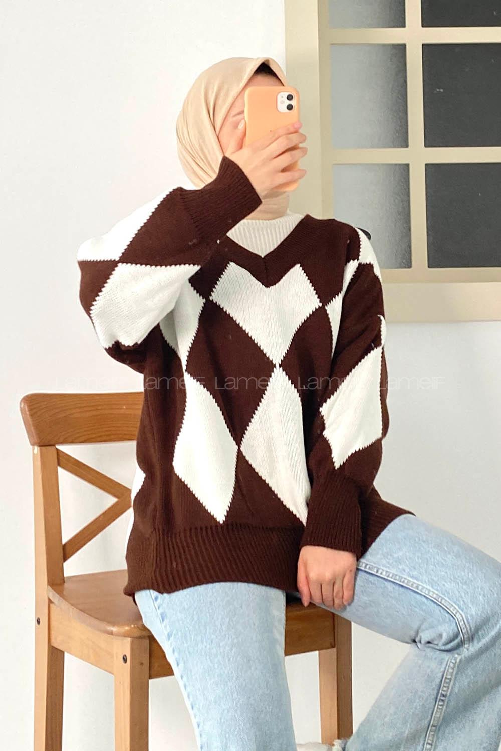 Modalamelif  V Yaka Baklava Desenli Kazak Kahverengi