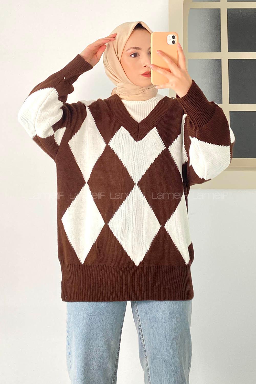 Modalamelif  V Yaka Baklava Desenli Kazak Kahverengi
