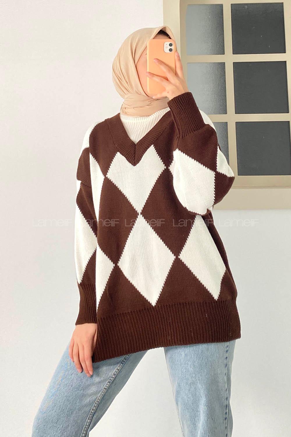 Modalamelif  V Yaka Baklava Desenli Kazak Kahverengi