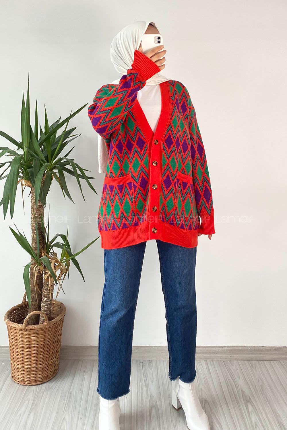 Modalamelif V Yaka Çift Cepli Önü Düğmeli Etnik Desen Triko Hırka Kırmızı