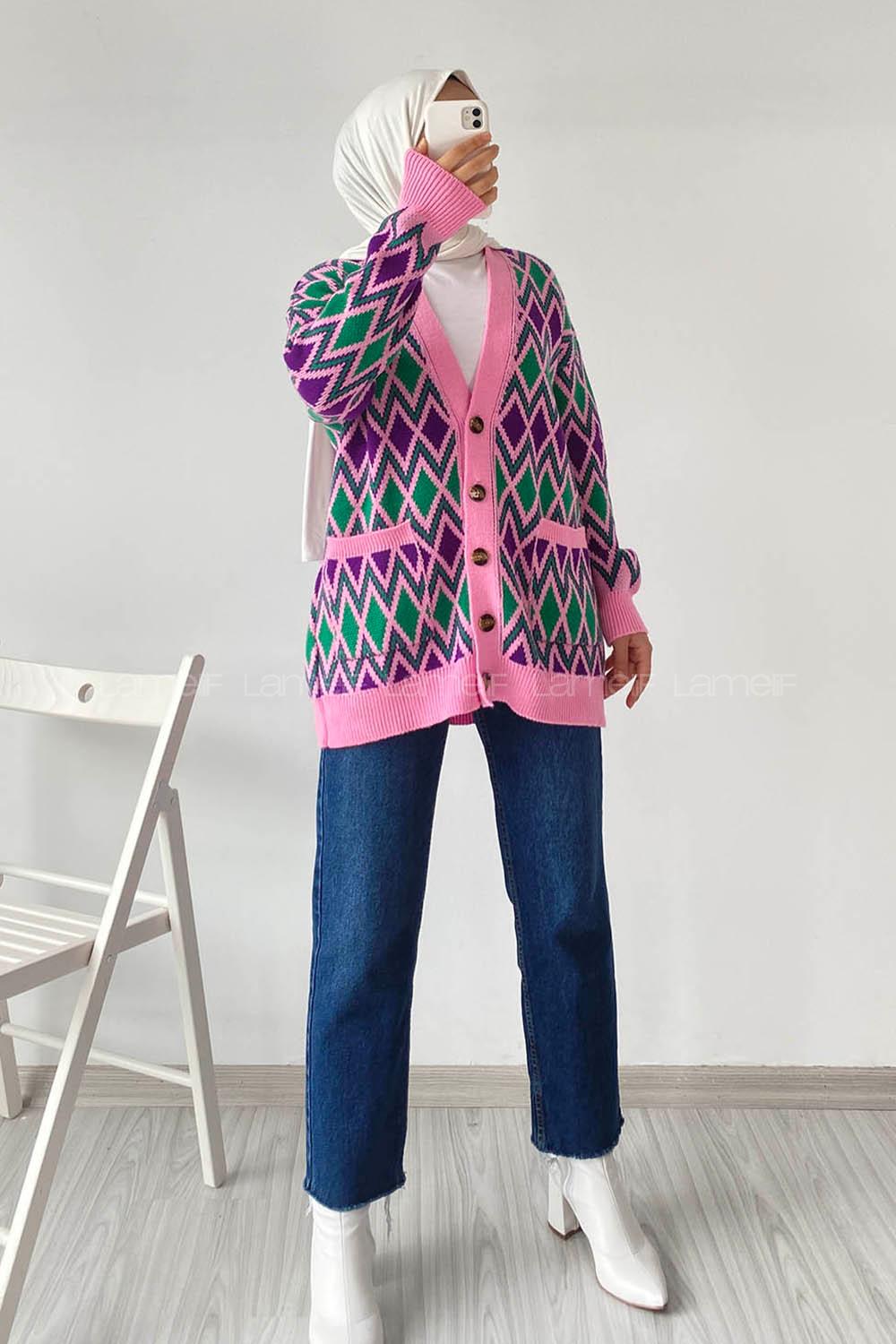 Modalamelif V Yaka Çift Cepli Önü Düğmeli Etnik Desen Triko Hırka Lila