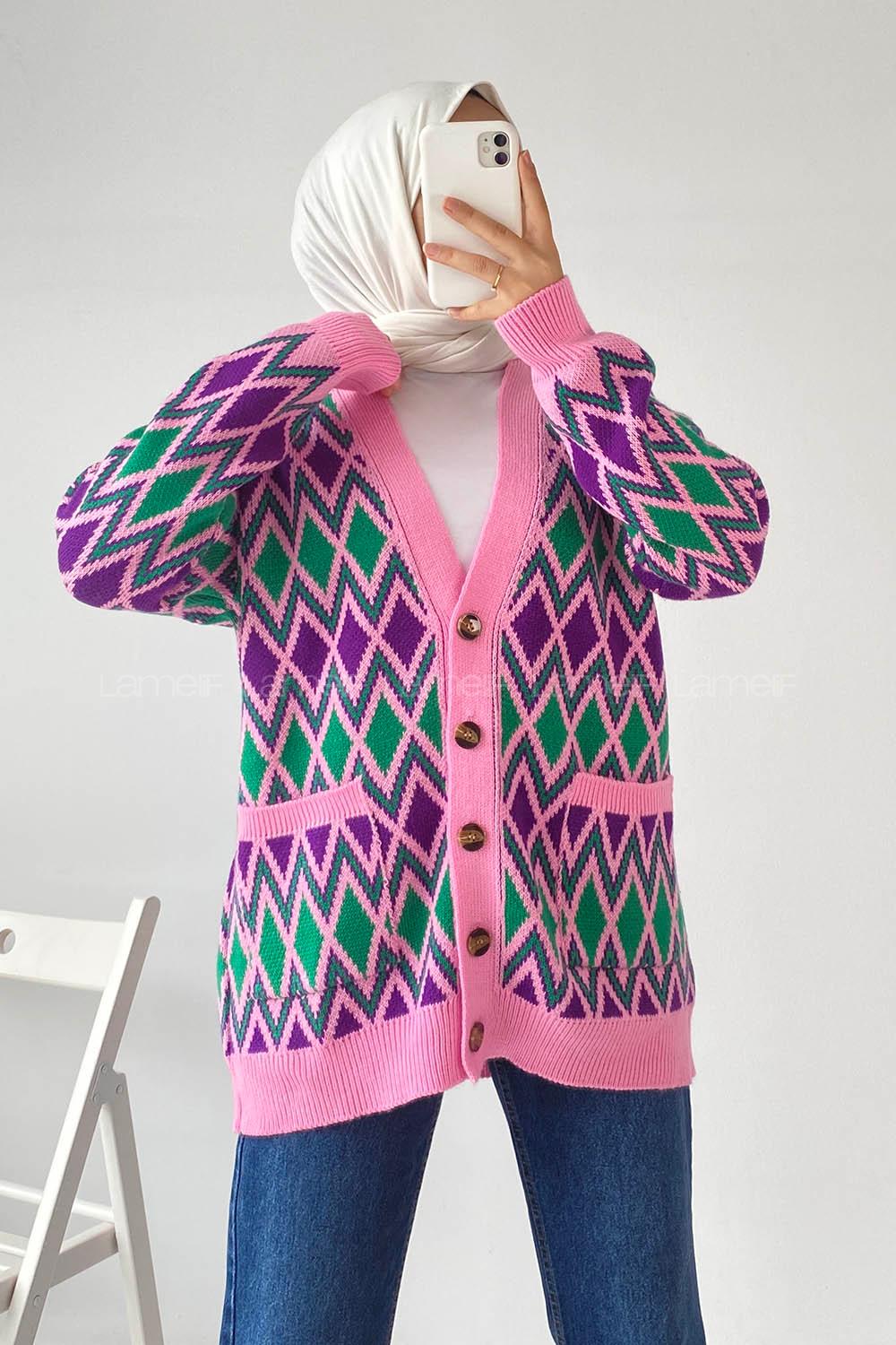 Modalamelif V Yaka Çift Cepli Önü Düğmeli Etnik Desen Triko Hırka Lila