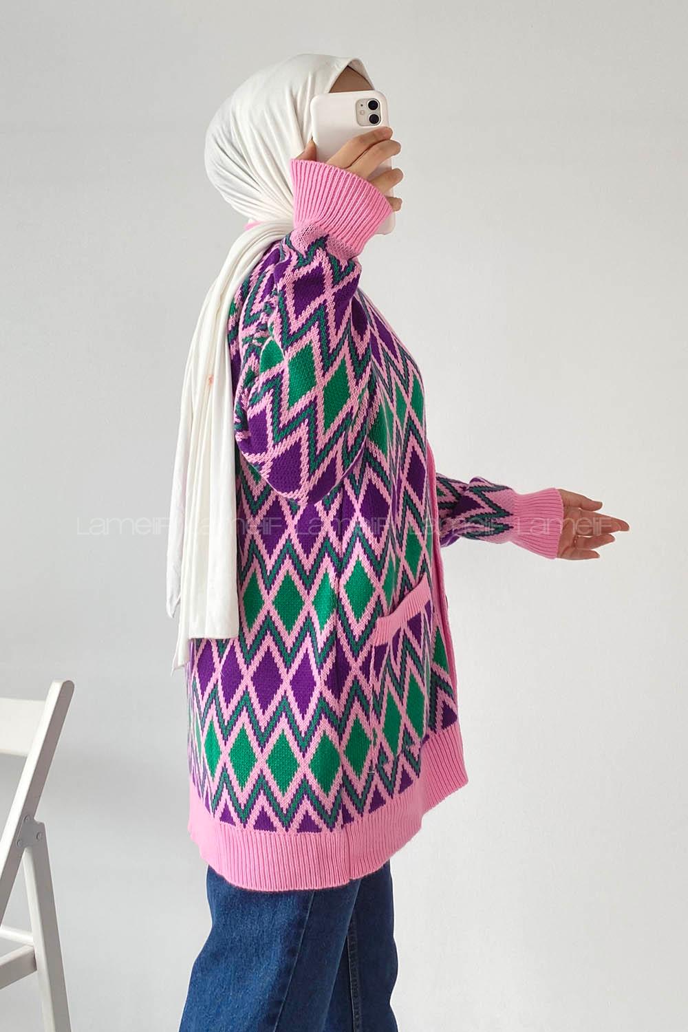 Modalamelif V Yaka Çift Cepli Önü Düğmeli Etnik Desen Triko Hırka Lila