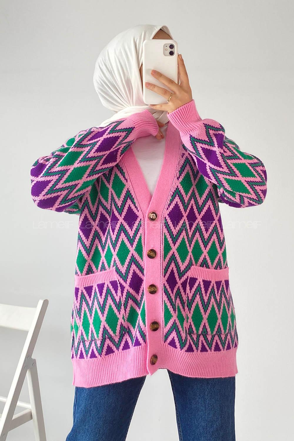 Modalamelif V Yaka Çift Cepli Önü Düğmeli Etnik Desen Triko Hırka Lila