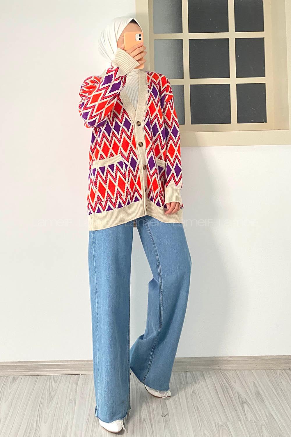 Modalamelif V Yaka Çift Cepli Önü Düğmeli Etnik Desen Triko Hırka Taş-Mor