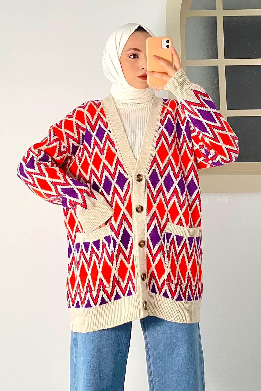 Modalamelif V Yaka Çift Cepli Önü Düğmeli Etnik Desen Triko Hırka Taş-Mor