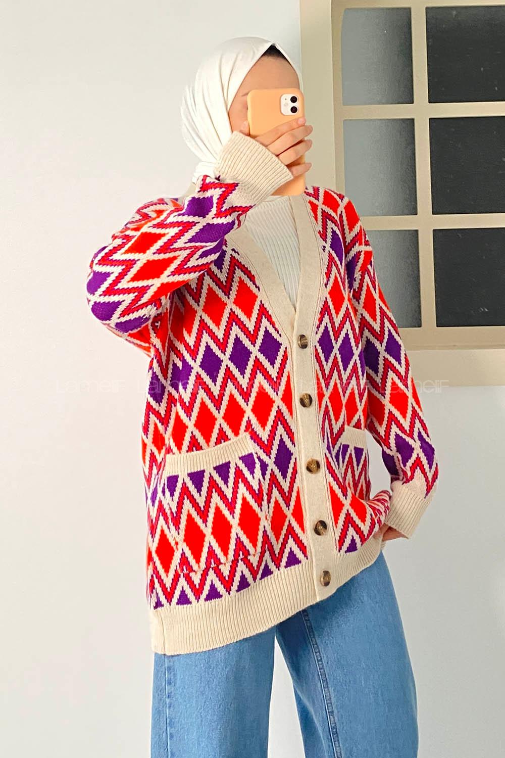 Modalamelif V Yaka Çift Cepli Önü Düğmeli Etnik Desen Triko Hırka Taş-Mor