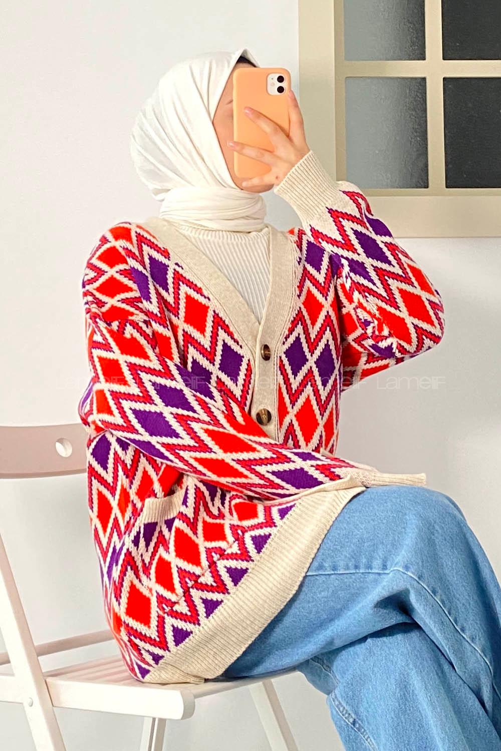 Modalamelif V Yaka Çift Cepli Önü Düğmeli Etnik Desen Triko Hırka Taş-Mor