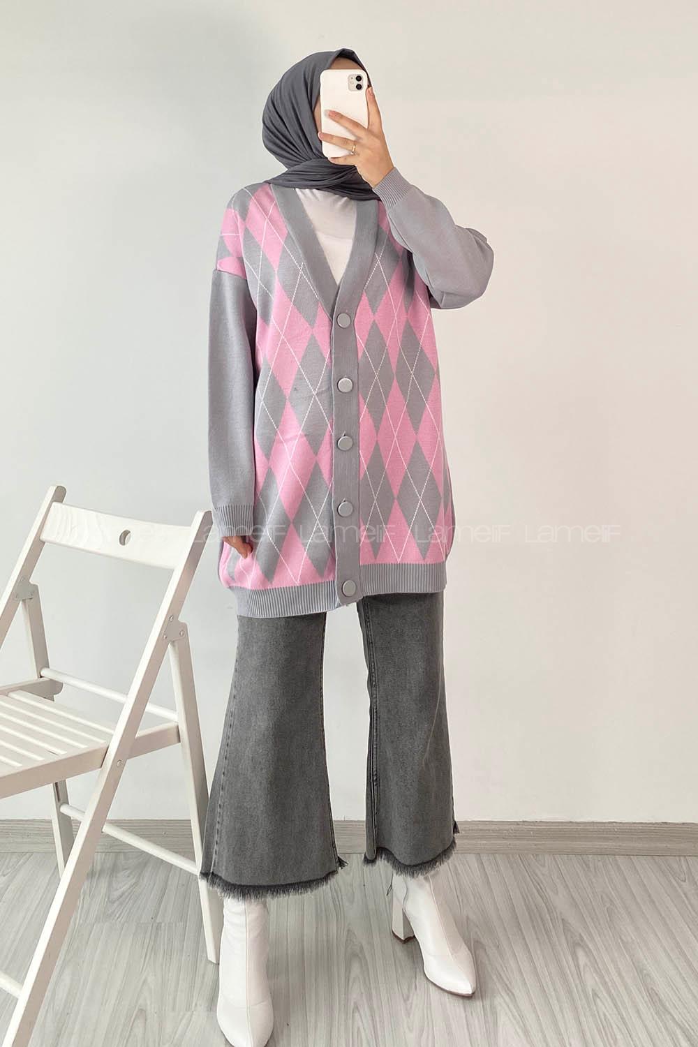 Modalamelif V Yaka Önü Düğme Detaylı Baklava Desenli Triko Hırka Gri