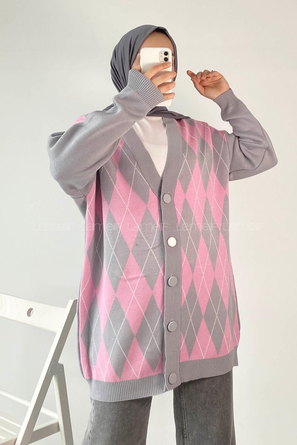 Modalamelif V Yaka Önü Düğme Detaylı Baklava Desenli Triko Hırka Gri