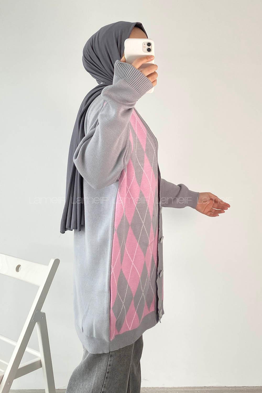 Modalamelif V Yaka Önü Düğme Detaylı Baklava Desenli Triko Hırka Gri