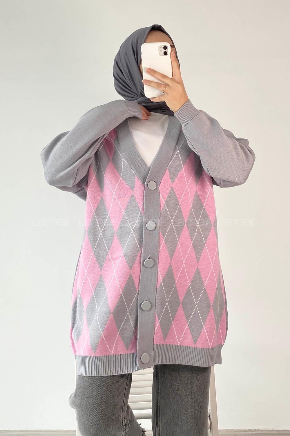 Modalamelif V Yaka Önü Düğme Detaylı Baklava Desenli Triko Hırka Gri