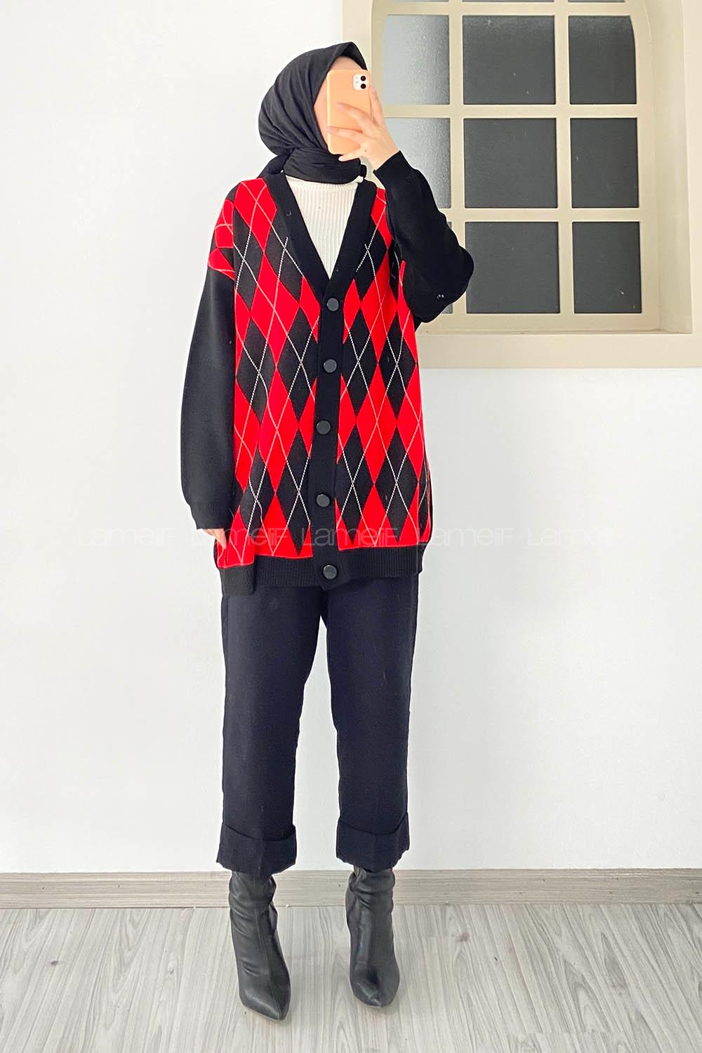 Modalamelif V Yaka Önü Düğme Detaylı Baklava Desenli Triko Hırka Siyah