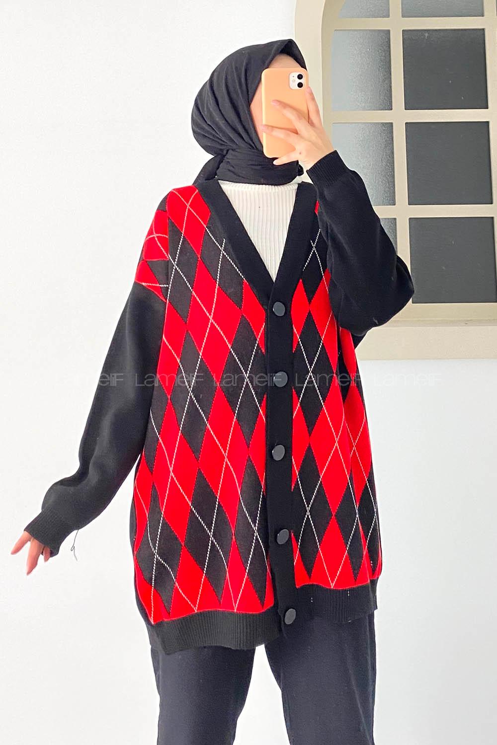 Modalamelif V Yaka Önü Düğme Detaylı Baklava Desenli Triko Hırka Siyah