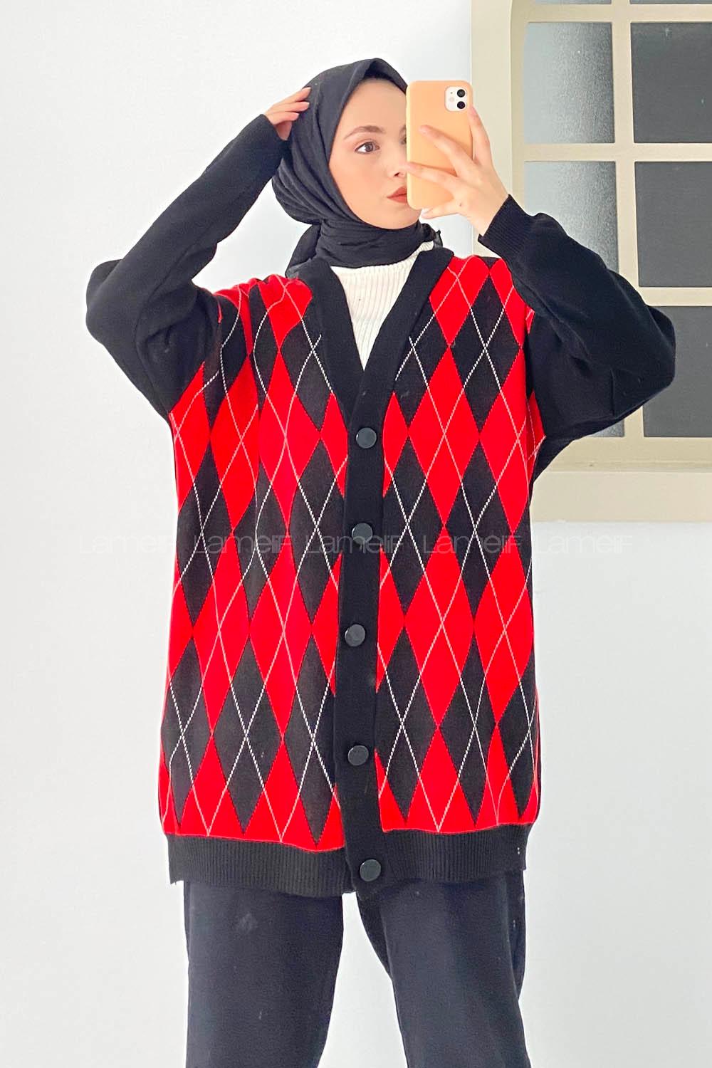 Modalamelif V Yaka Önü Düğme Detaylı Baklava Desenli Triko Hırka Siyah