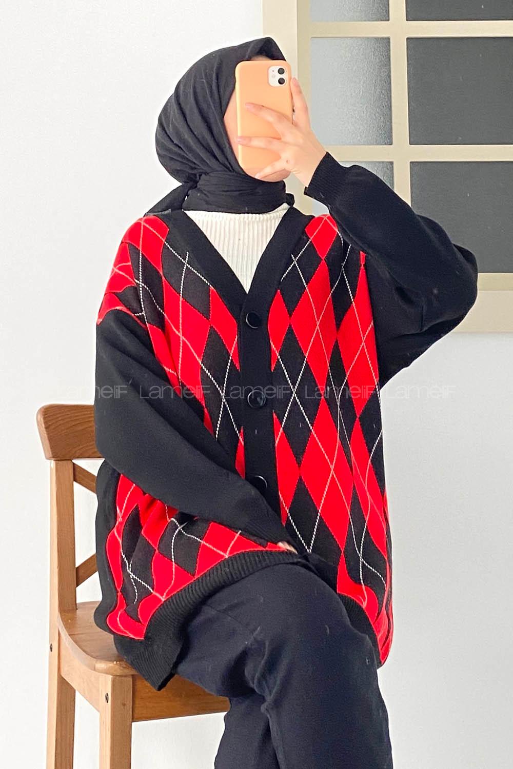 Modalamelif V Yaka Önü Düğme Detaylı Baklava Desenli Triko Hırka Siyah