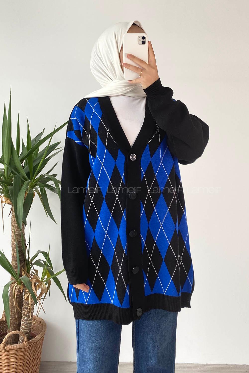 Modalamelif V Yaka Önü Düğme Detaylı Baklava Desenli Triko Hırka Siyah-İndigo