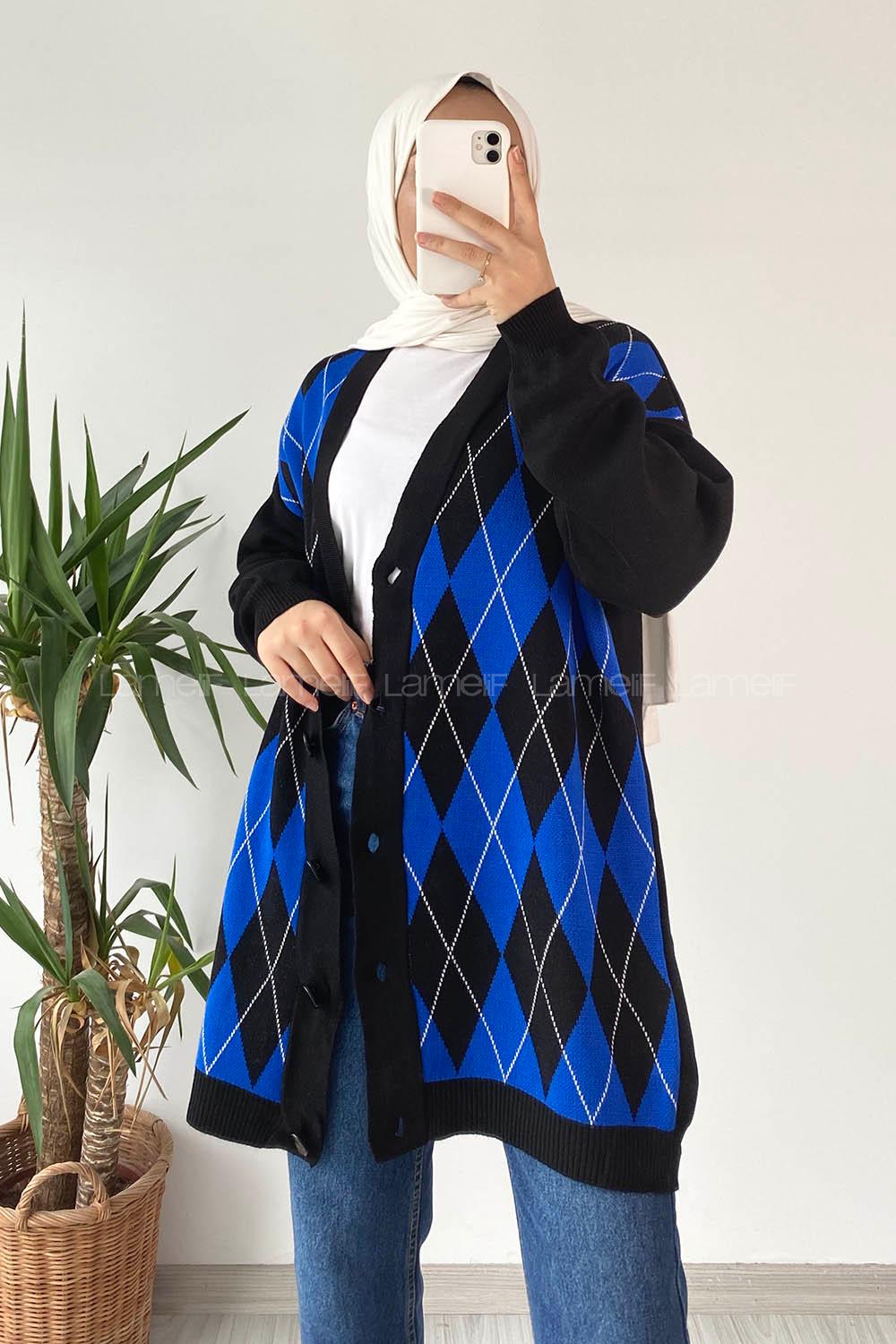 Modalamelif V Yaka Önü Düğme Detaylı Baklava Desenli Triko Hırka Siyah-İndigo