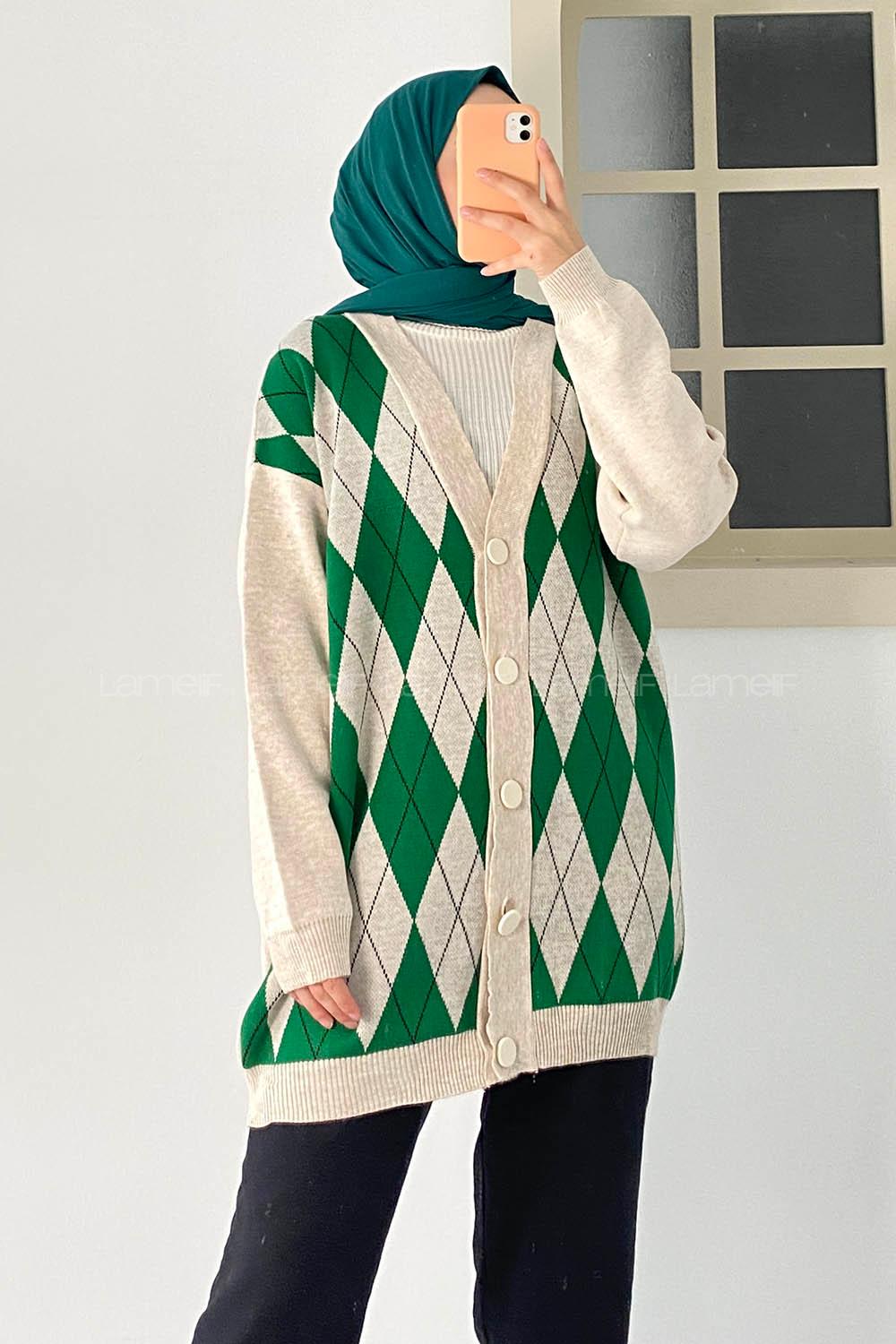 Modalamelif V Yaka Önü Düğme Detaylı Baklava Desenli Triko Hırka Taş-Yeşil